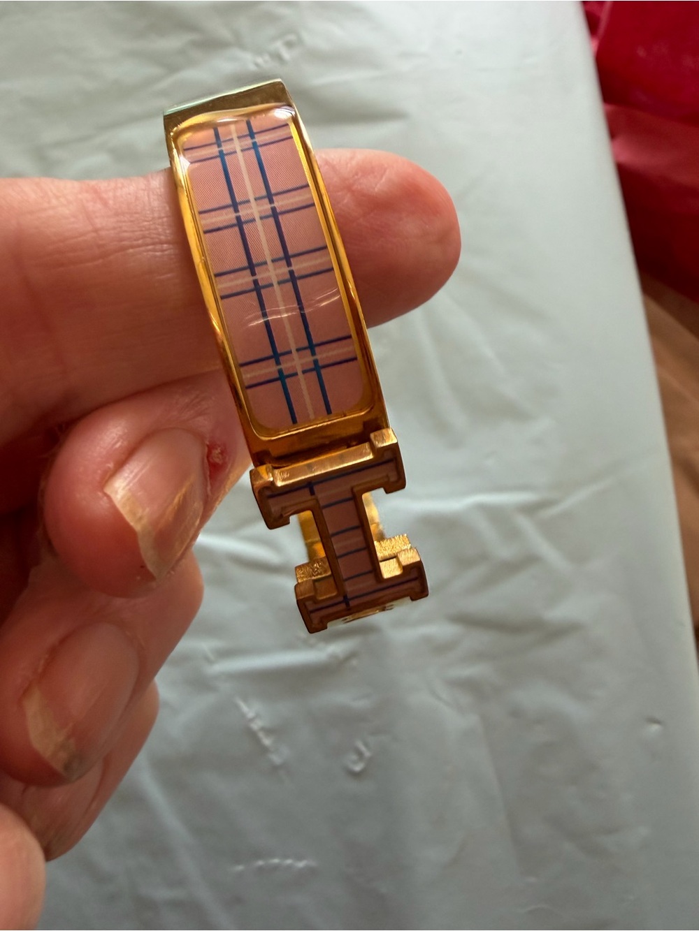 Fashion Jewelry Gold-Tone Plaid Enamel Hinged Bangle - Pink & Blue